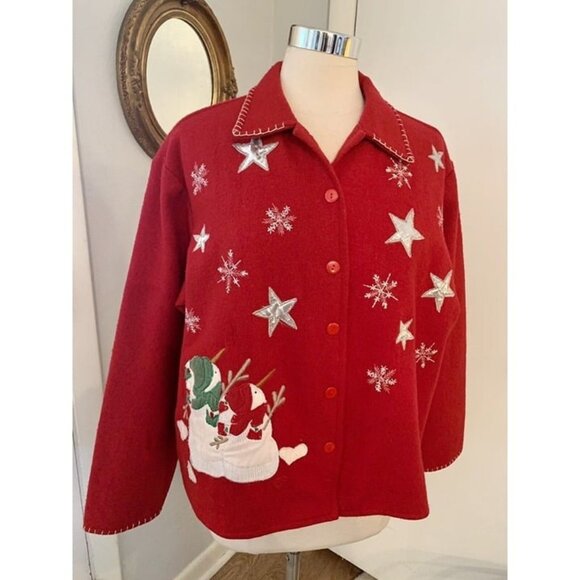 Red Wool Christmas Coat Daniel K New York Jacket Stars Snowman L - Picture 1 of 11